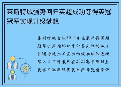 莱斯特城强势回归英超成功夺得英冠冠军实现升级梦想 莱斯特城强势回归英超成功夺得英冠冠军实现升级梦想